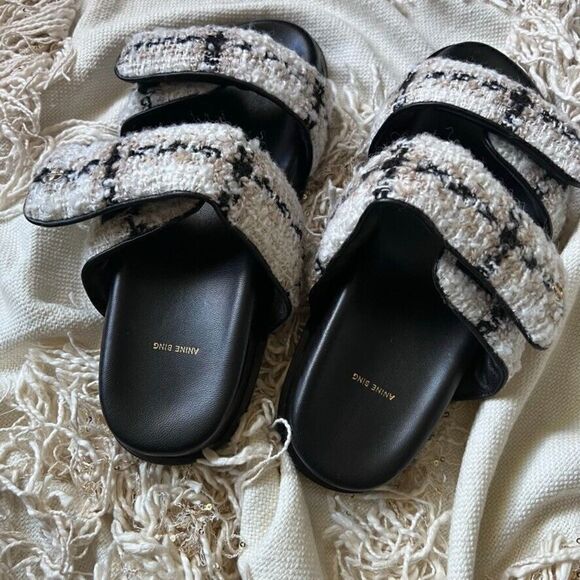 Anine Bing Sid Sandals Straps Beige Plaid Boucle Tweed 40 NEW - Picture 10 of 16